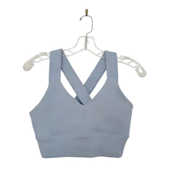 Alo Yoga Ribbed V-Neck Emulate Sports Bra in Light Blue - Picture 4 of 7